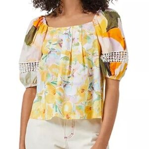 French Connection Isadora Floral Print Puff Sleeve Tropical Summer Top Large